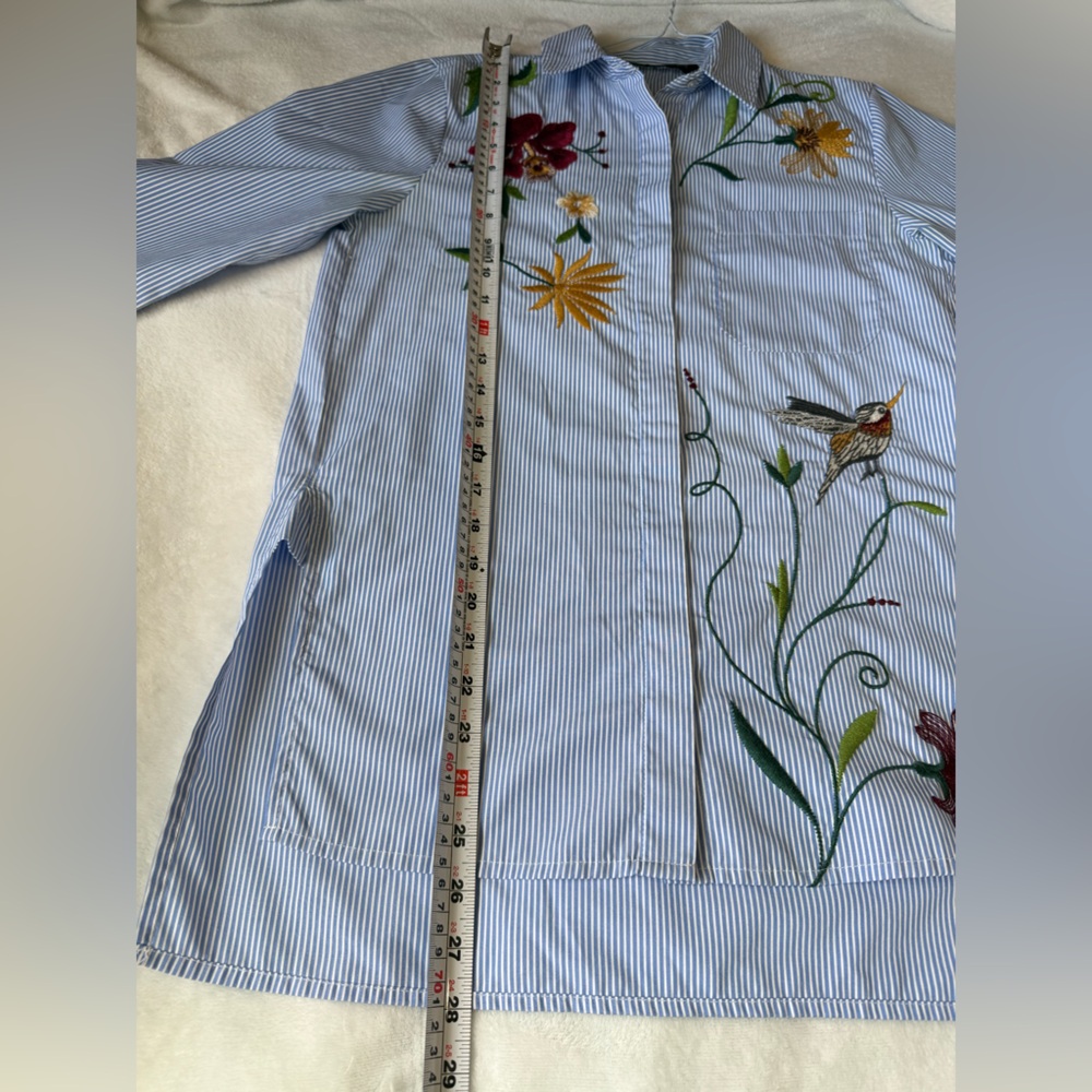 ZARA Woman Blue Striped Embroidered Shirt XS | Floral Bird Button Down Tunic Top - Picture 6 of 8